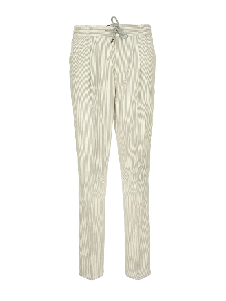 Brunello Cucinelli Comfort Cotton Striped Textured Fabric Leisure Fit Trousers With Drawstring And Pleat - Bianco/brown