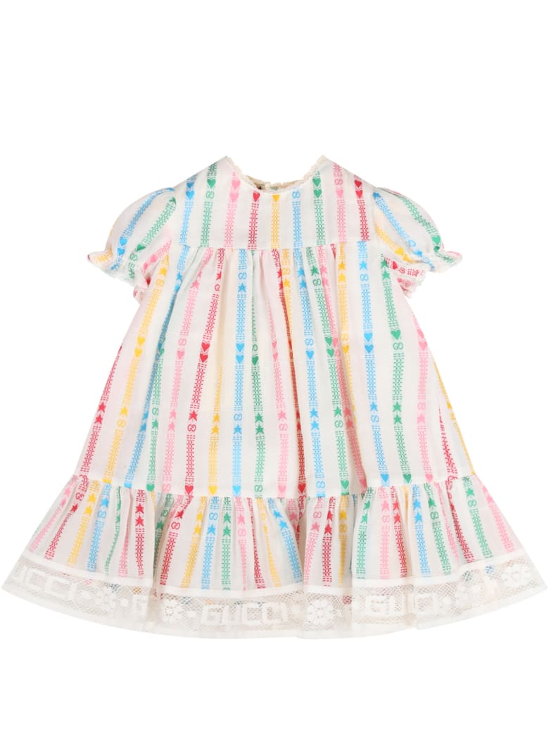 Gucci White Dress For Babygirl With Double Gg - White
