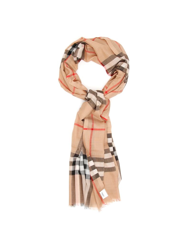 burberry gauze check scarf camel