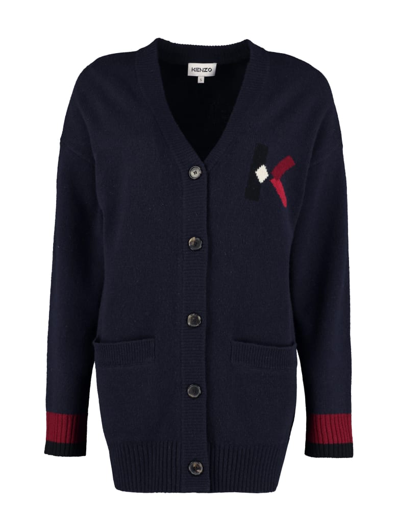 Kenzo Intarsia Wool Blend Cardigan - blue