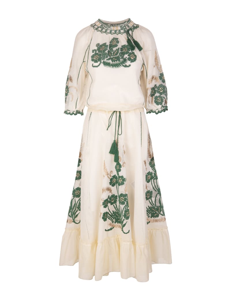 RED Valentino Ivory/green/beige Tassel-trim Embroidered Dress - India