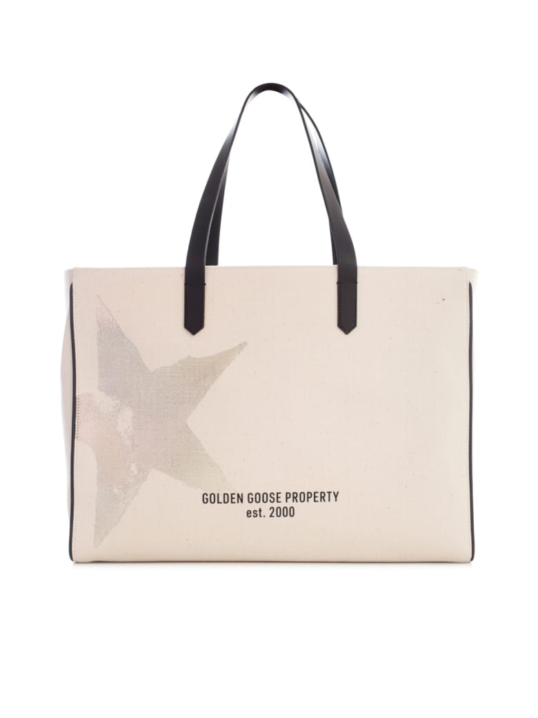 Golden Goose California Bag E-w "golden Star" Natural Kuroki Body Leather Handles Serigraph - White Gold