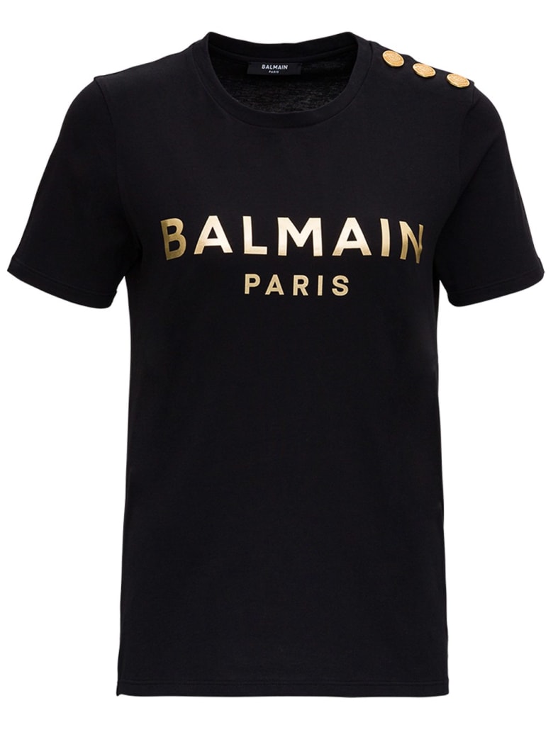 Balmain Jersey T-shirt With Laminated Logo Print - Black