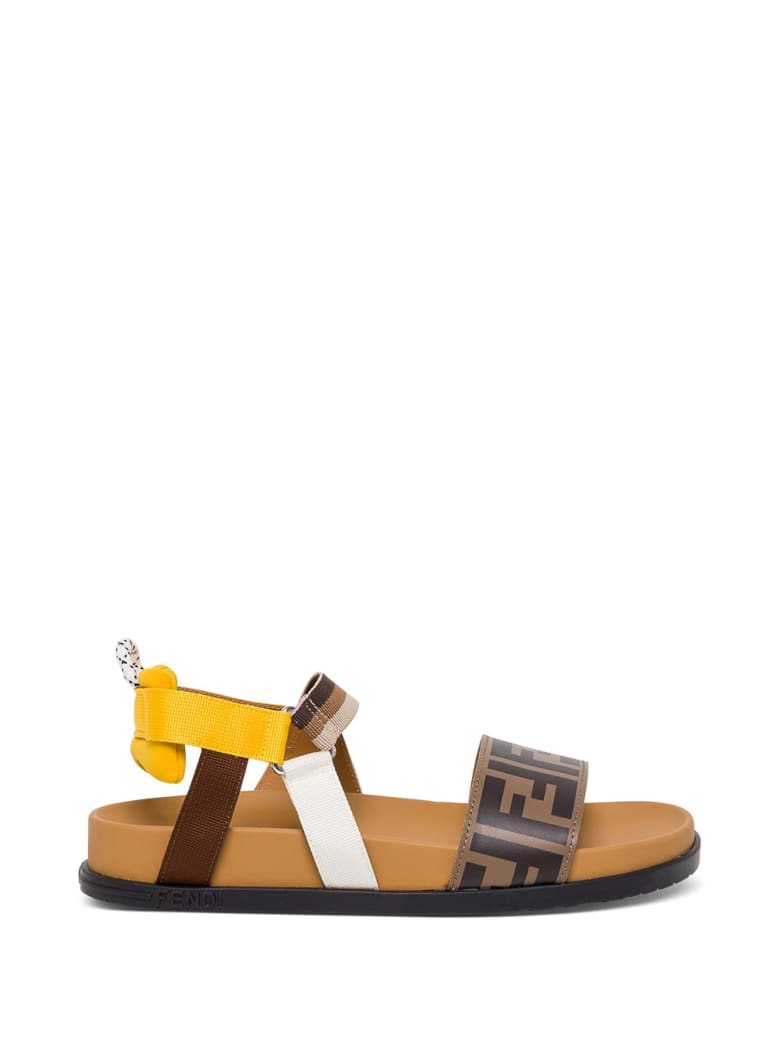 Fendi Ff Leather And Fabric Sandals - Brown