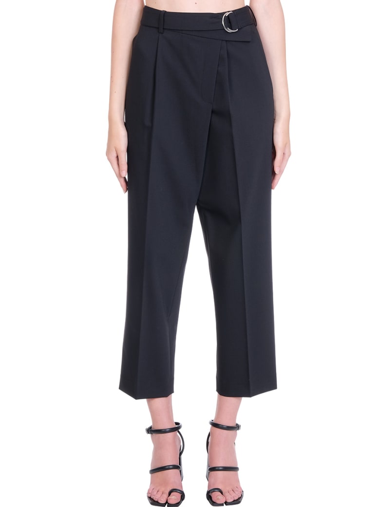 Helmut Lang Crop Wrap Pants In Black Wool - black