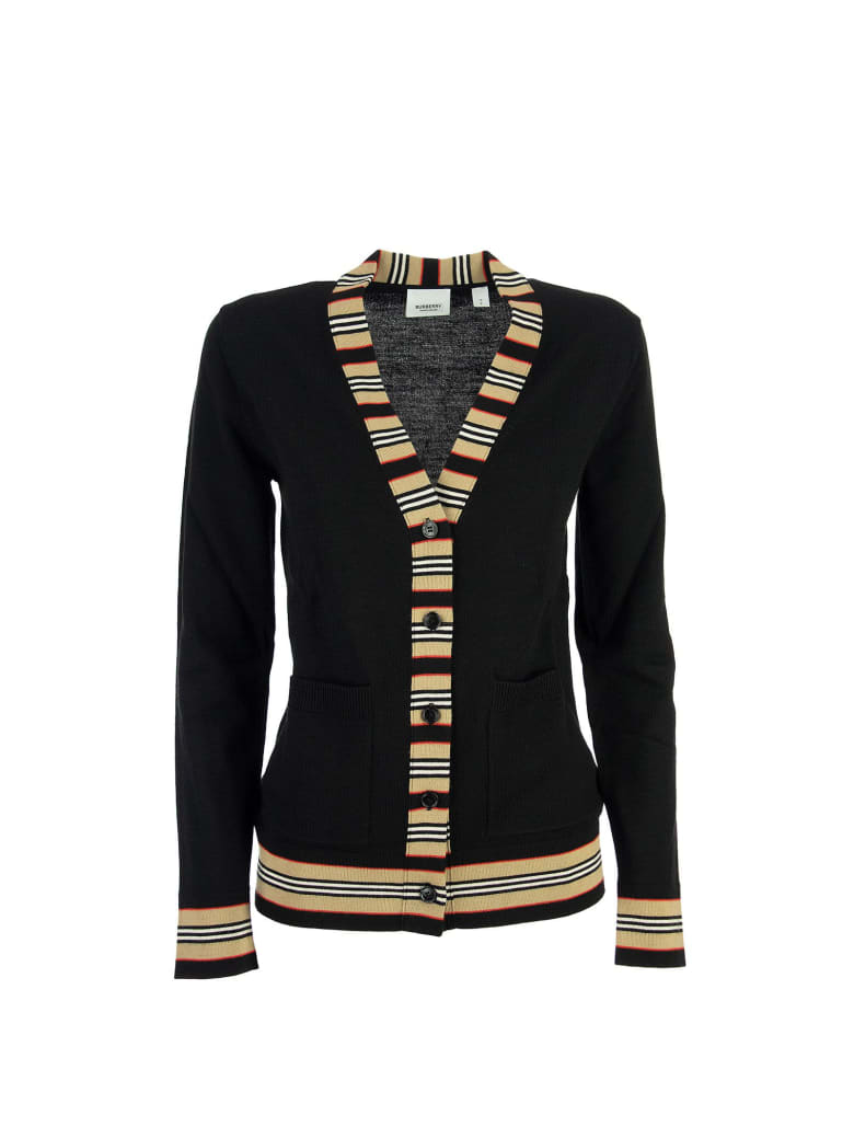Burberry Cauca - Icon Stripe Detail Merino Wool Cardigan - Black