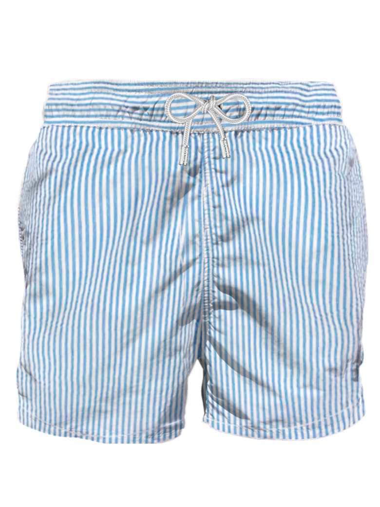 blue and white striped swim trunks