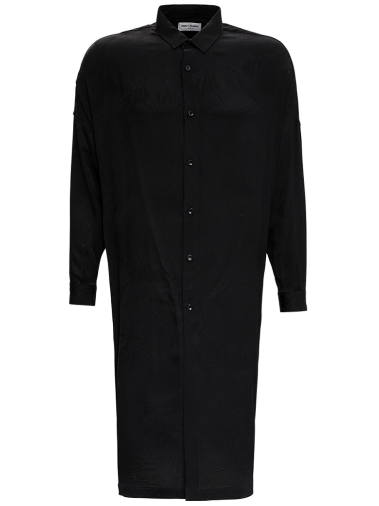 Saint Laurent Long Boxy Shirt In Silk Jungle Jacquard - Black
