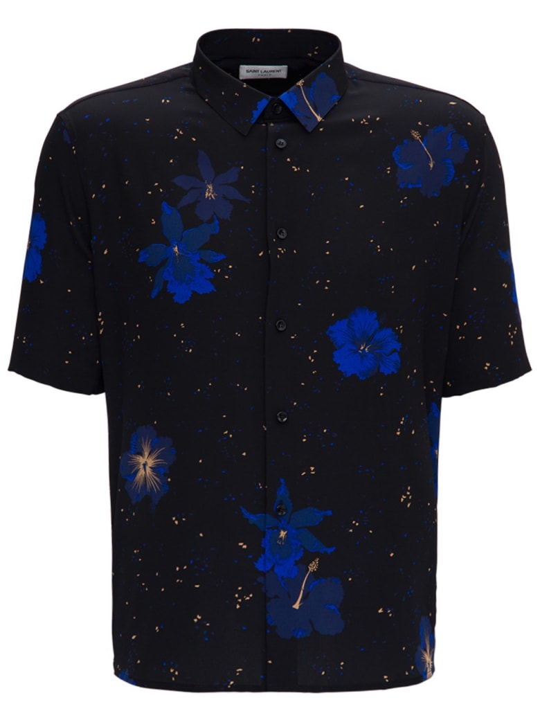 Saint Laurent Silk Shirt With Hibiscus Confetti Print - Black
