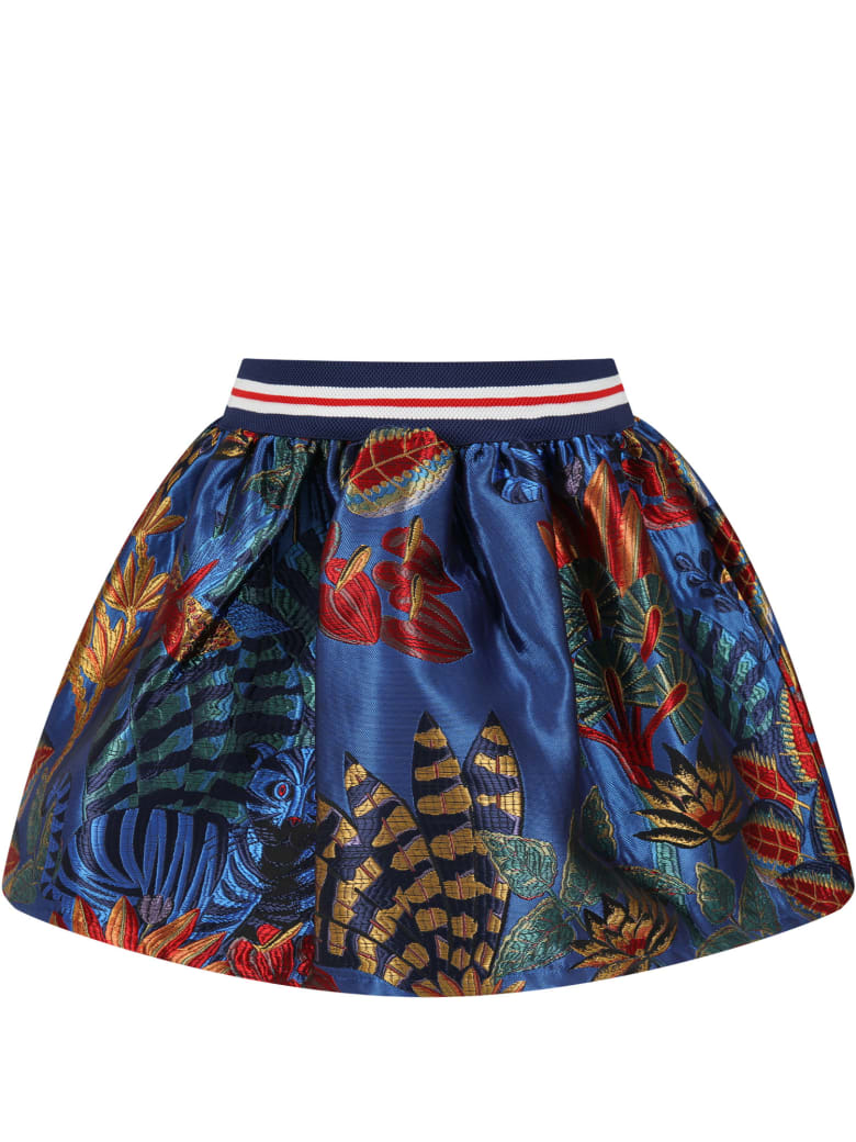 Stella Jean Blue Skirt For Girl With Flowers - Ivory