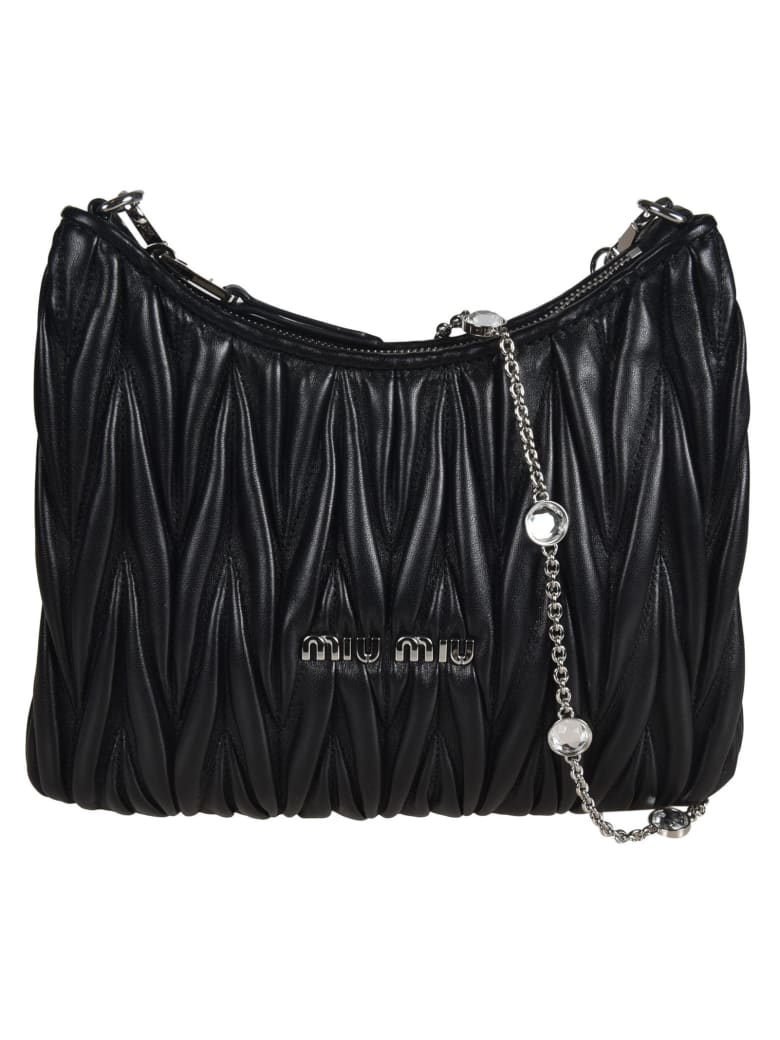 Miu Miu Matelassé Crystal Embellished Shoulder Bag - Black