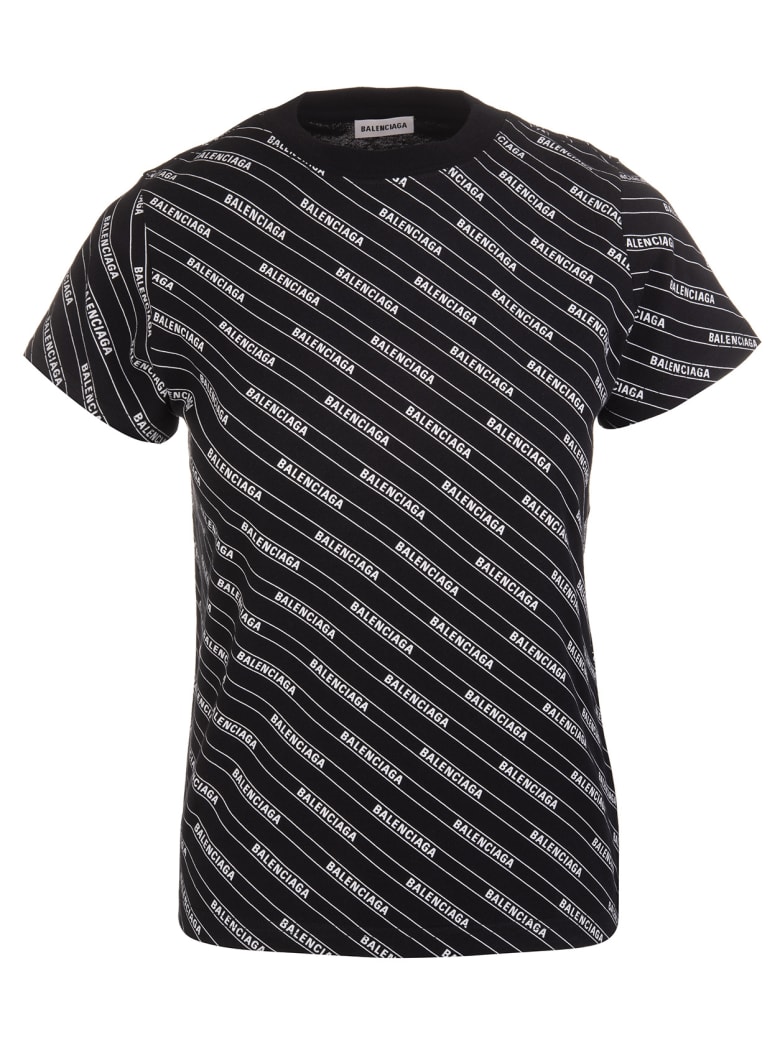 Balenciaga Regular Fit Black T-shirt With All-over Logo Woman - Nero/bianco