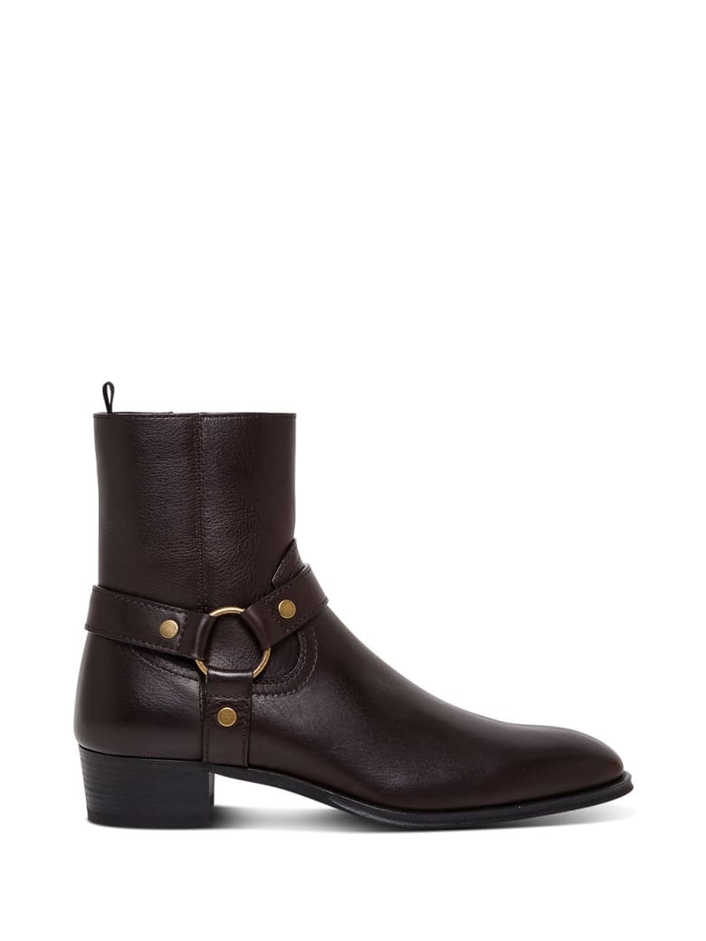 Saint Laurent Wyatt Ankle Boots In Brown Leather - Brown