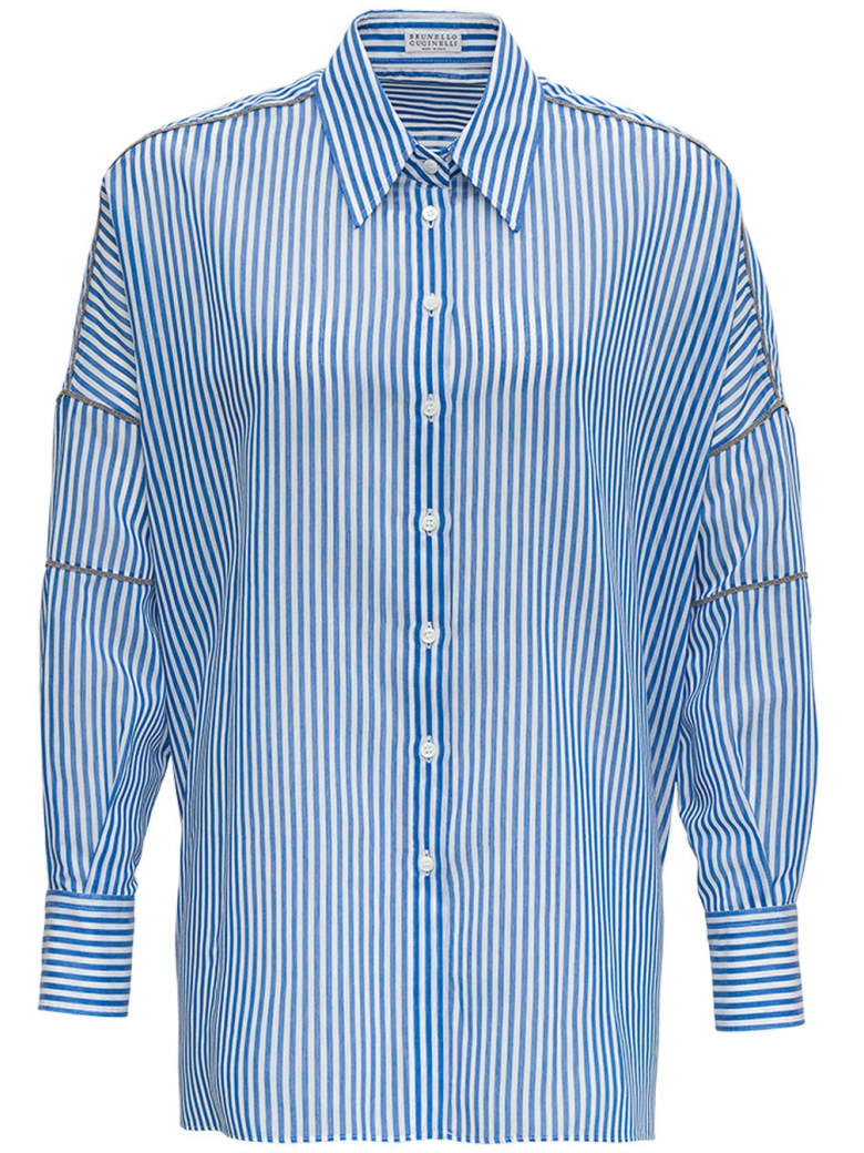 Brunello Cucinelli Striped Shirt In Cotton With Monile Details - Light blue