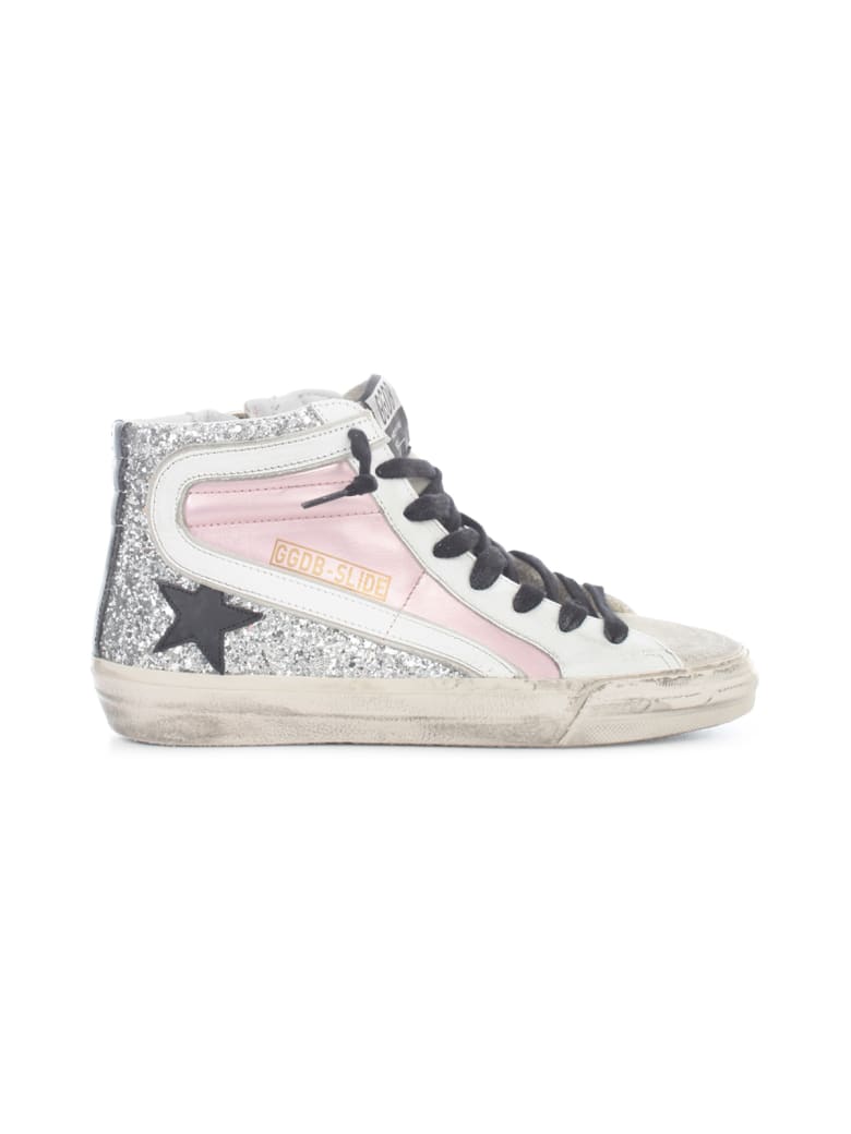 golden goose slide sneakers in silver laminated leather and glitter
