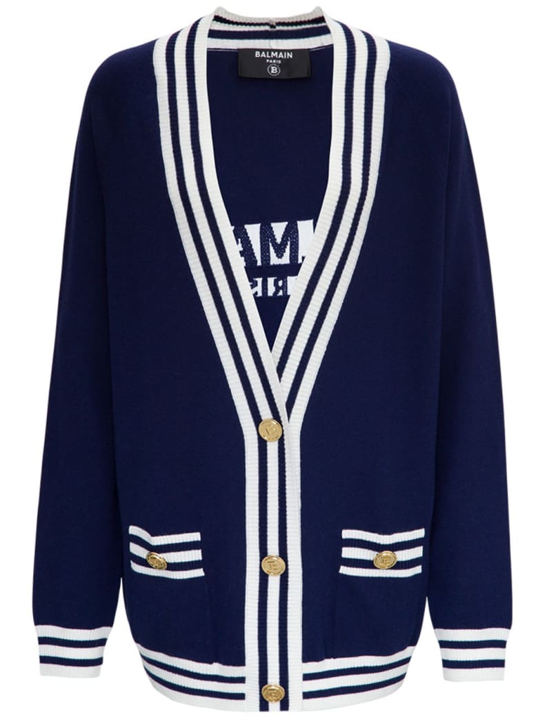 Balmain Blue Cardigan In Wool Blend With Back Logo - Blu