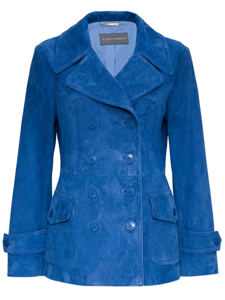 Alberta Ferretti Double-breasted Jacket In Blue Suede Leather - Blu