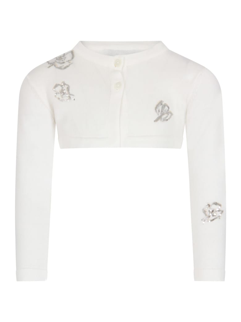 Simonetta White Cardigan For Girl With Flowers - White