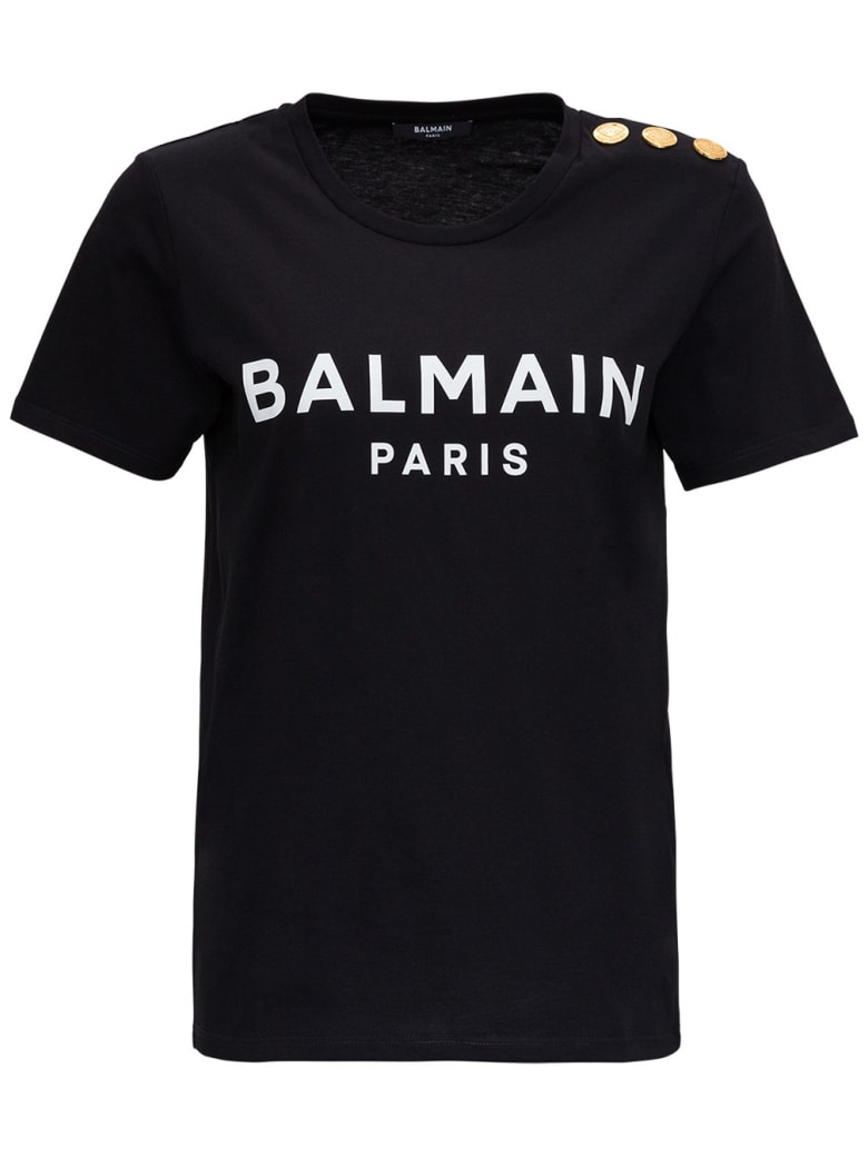 Balmain Jersey Tee With Logo And Embossed Buttons - White/black