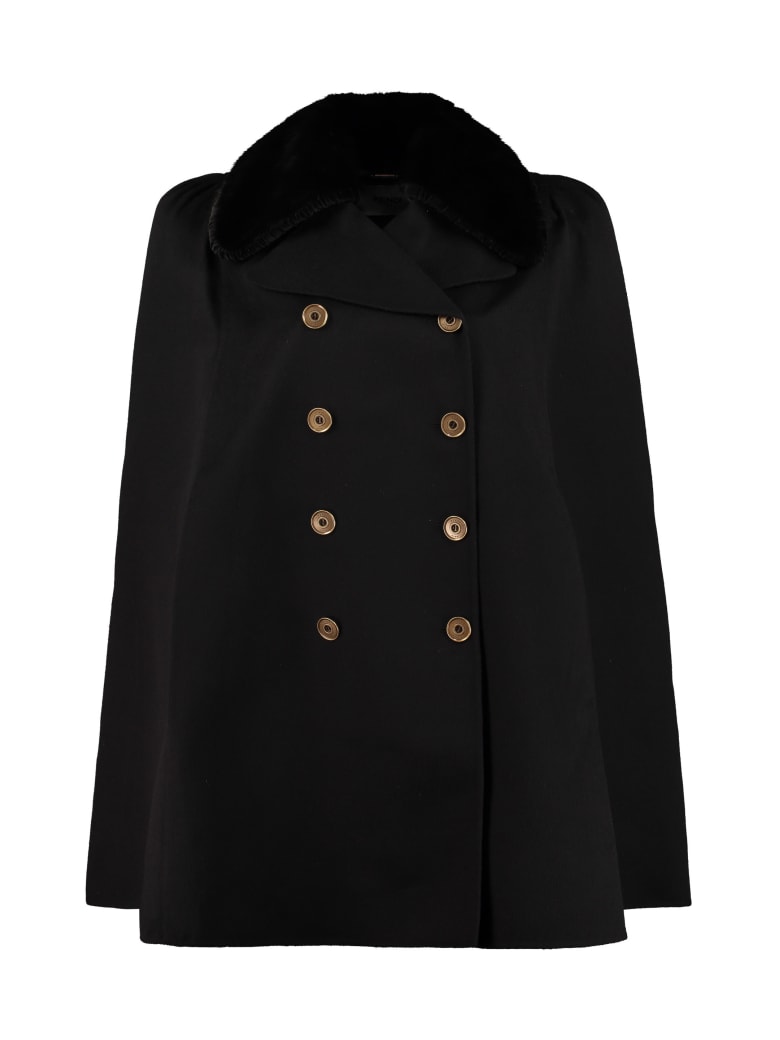 Fendi Fur Collar Wool Cape Coat - black