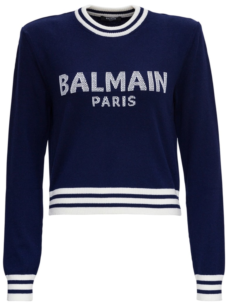 Balmain Knitted Jumper In Cashmere Blend With Logo And Padded Shoulders - Blu