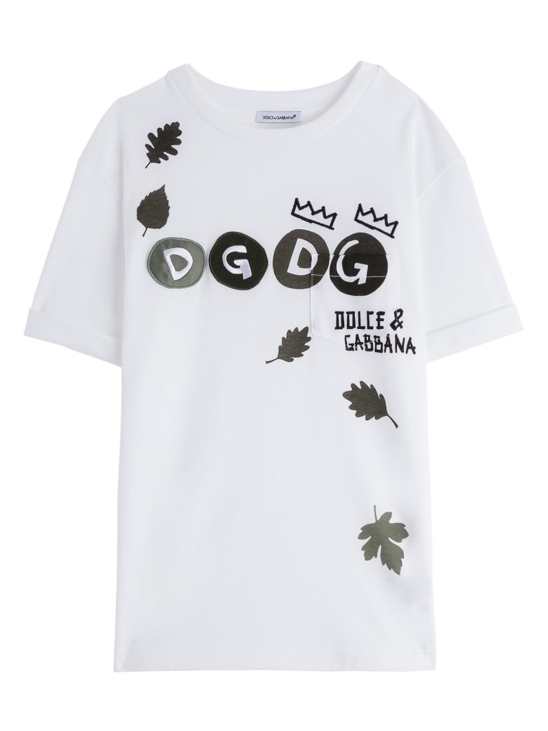 Dolce & Gabbana Jersey T-shirt With Leaves Print And Logo Patch - White