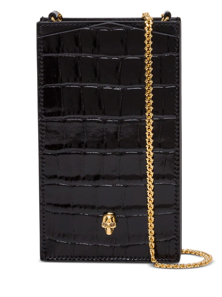 Alexander McQueen Crocodile Print Glossy Black Leather Mobile Case - Black