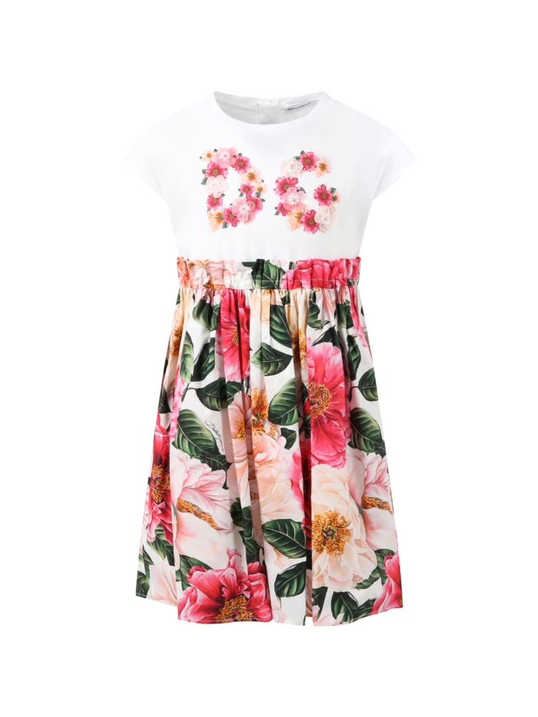 Dolce & Gabbana Multicolor Dress For Girl With Camellias - PINK/WHITE