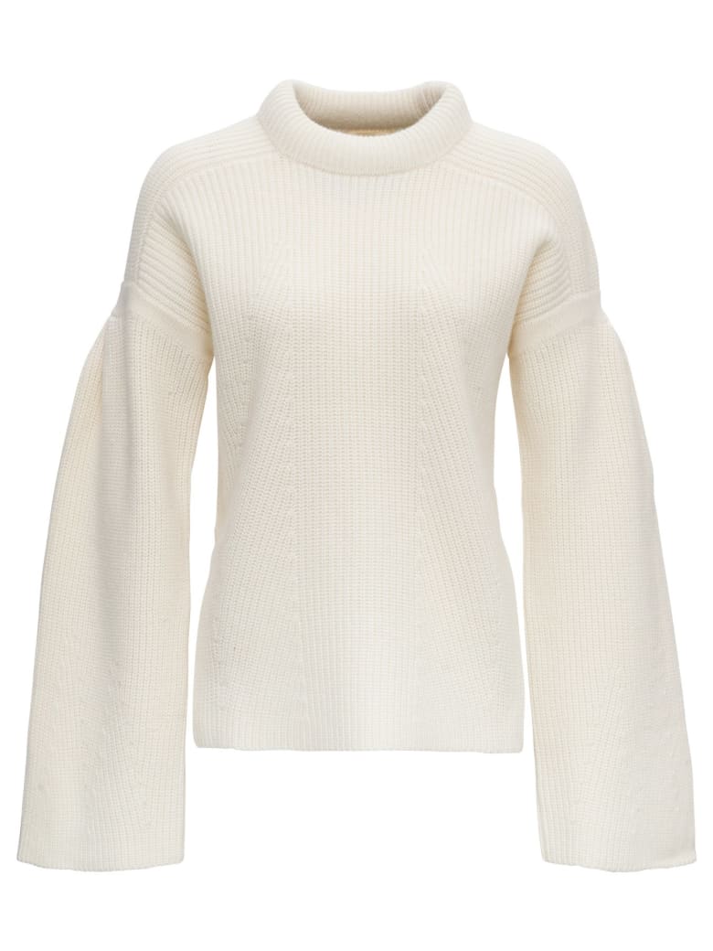 Loulou Studio Swaeter In Wool With Funnel Neck And Flared Sleeves - WHITE
