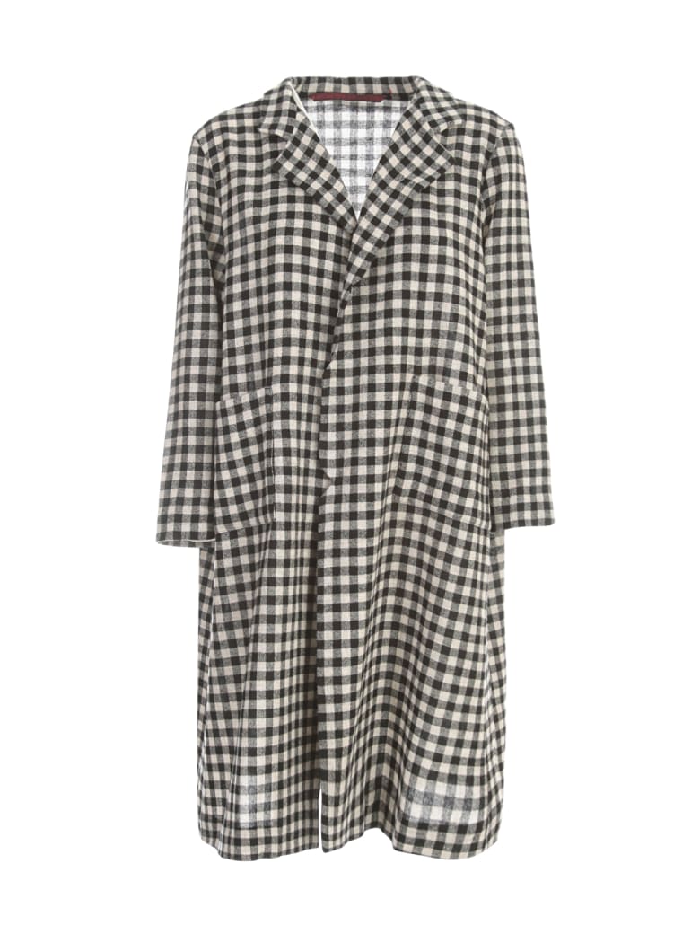 Daniela Gregis Checked 100% Wool High Neck Long Coat - Light Natural Black Check