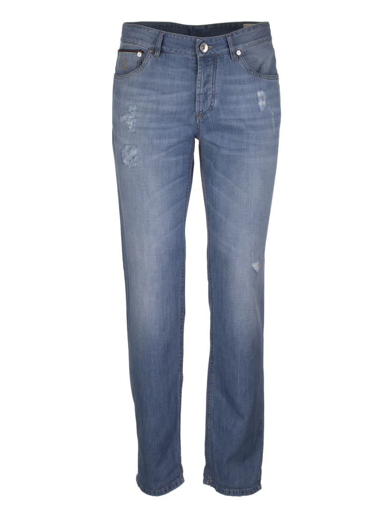 Brunello Cucinelli Lightweight Denim Traditional Fit Five-pocket Trousers With Rip Details - Light Blue
