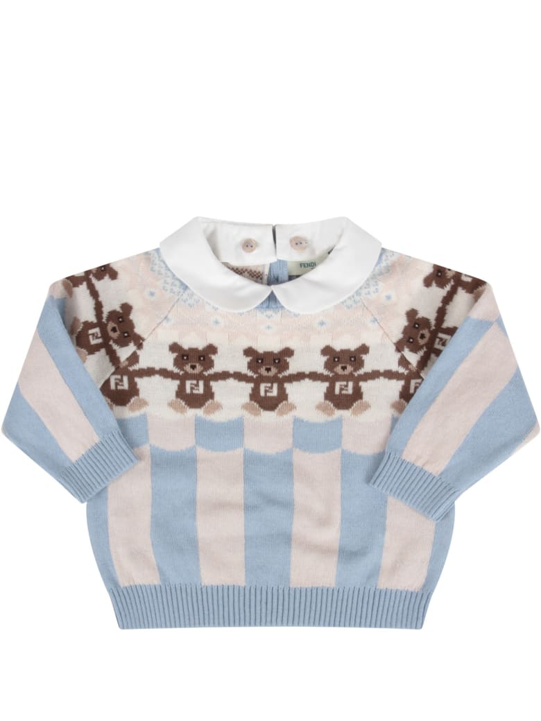 Fendi Light Blue And Beige Sweater With Bears For Baby Boy - Azzurro