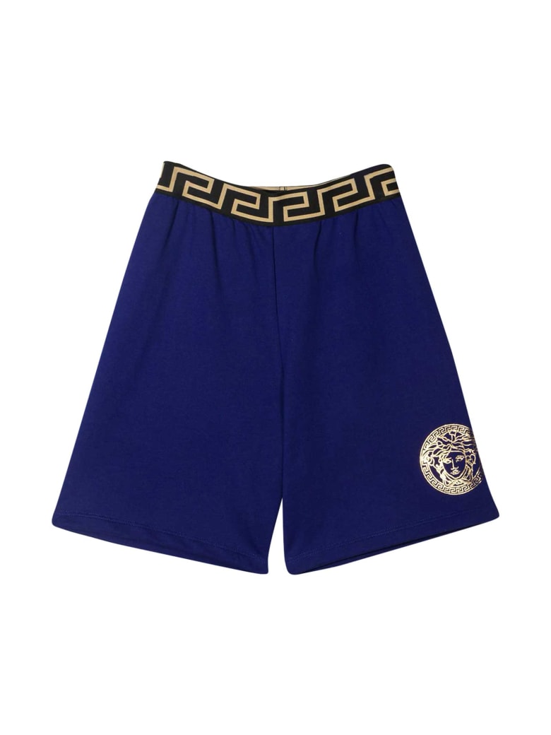Young Versace Blue Shorts With Golden Details - Bluette/oro