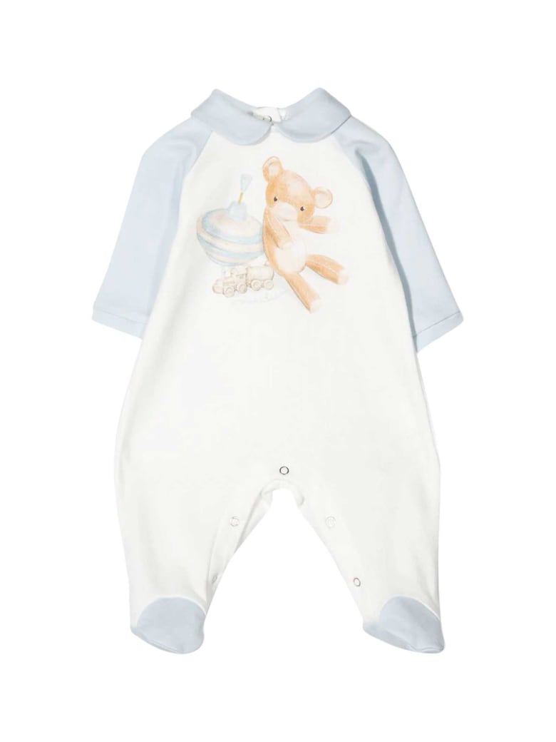 Monnalisa White And Light Blue Romper With Frontal Press - Azzurra