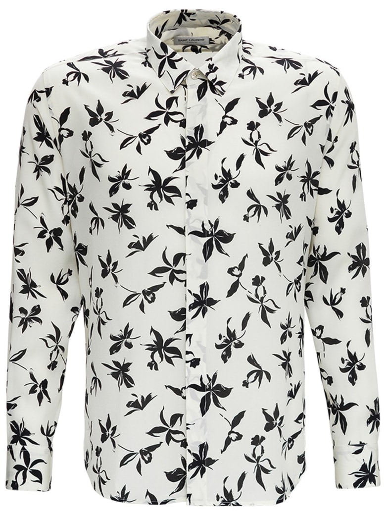 Saint Laurent Camicia In Seta Crepe De Chine Con Stampa Orchidea Selvatica - White