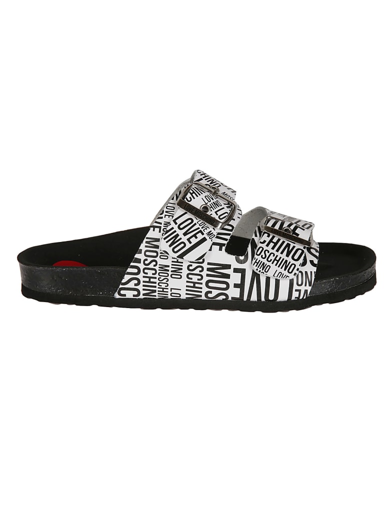 Love Moschino Double Buckled Strap Logo Flat Sandals - White