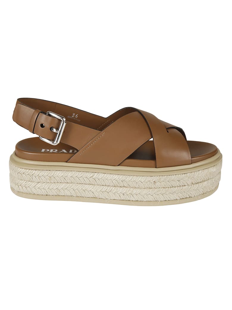 Prada Side Buckled Wedge Sandals - Cognac