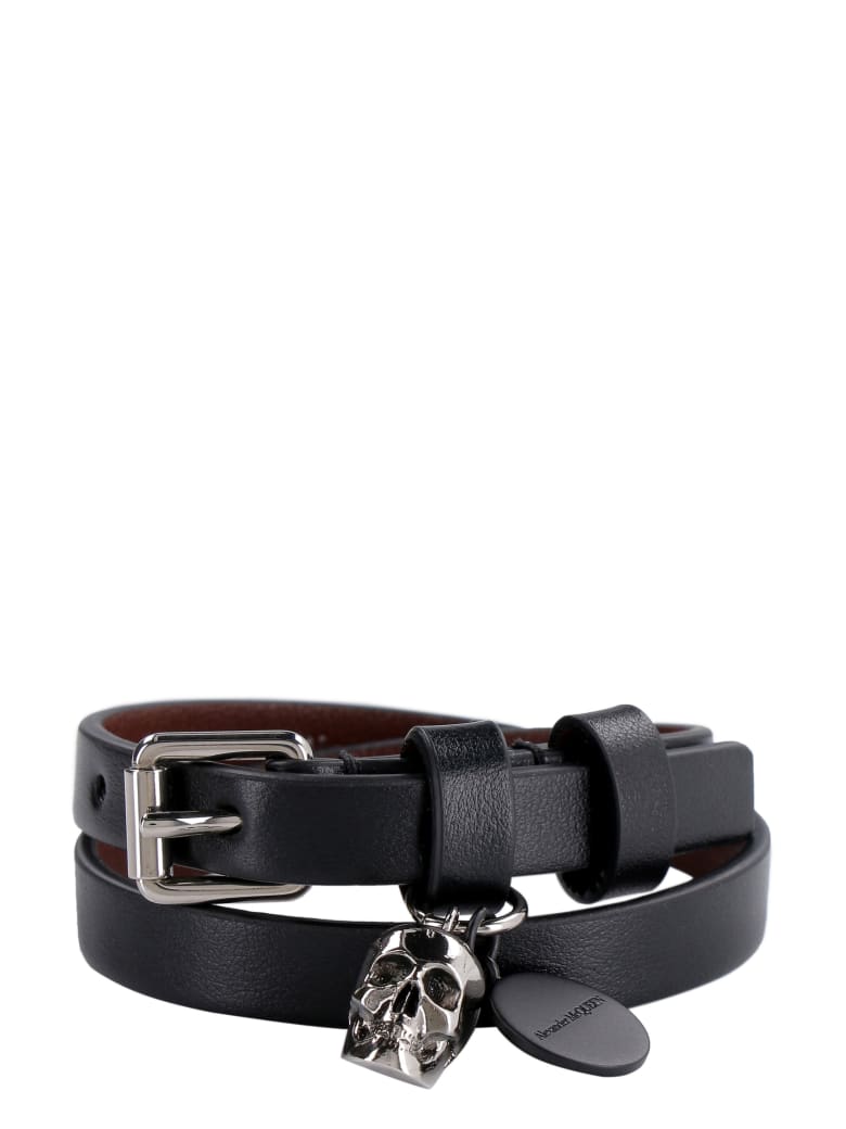 Alexander McQueen Leather Bracelet With Metal Logo Pendant And Skull - black