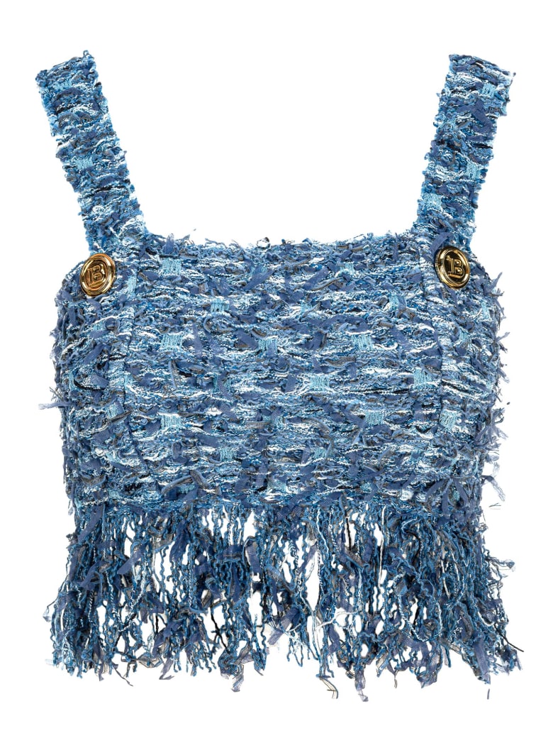 Balmain Fringed Tweed Top - BLUE