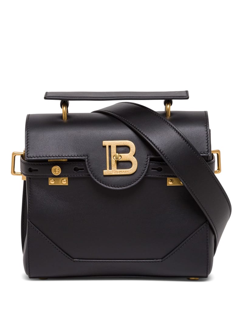 Balmain B-buzz Handbag In Black Leather With Logo Buckle - Black