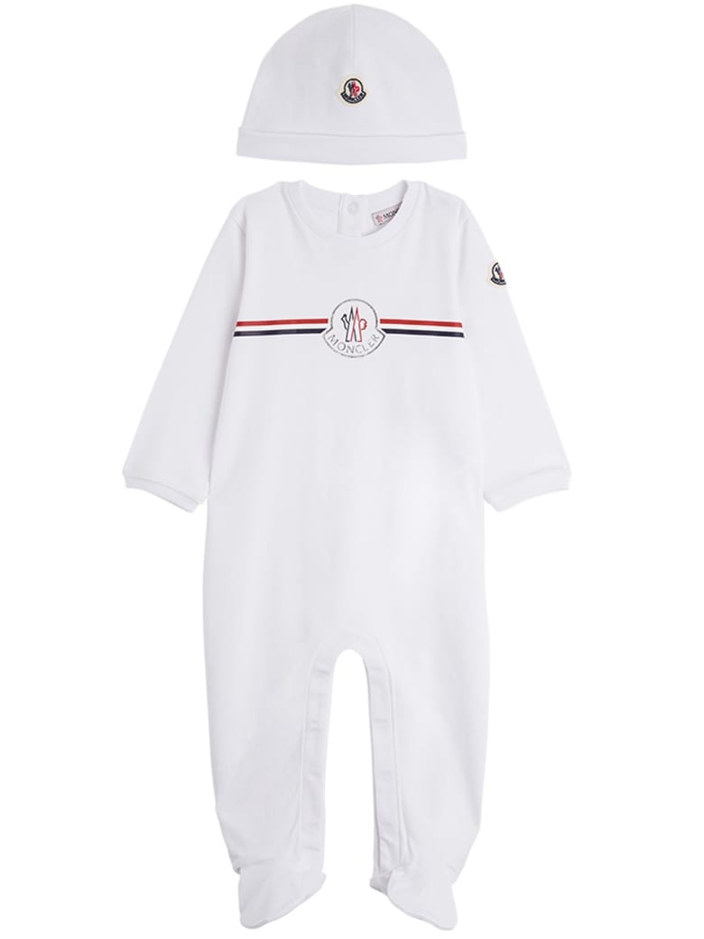 Moncler Onesie And Hat Suit In White Jersey - White