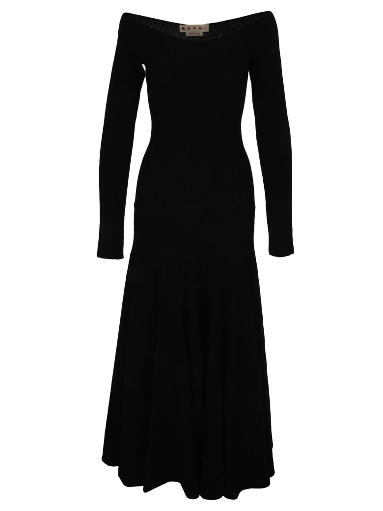 Marni Boat-neck Long Knitted Dress - BLACK