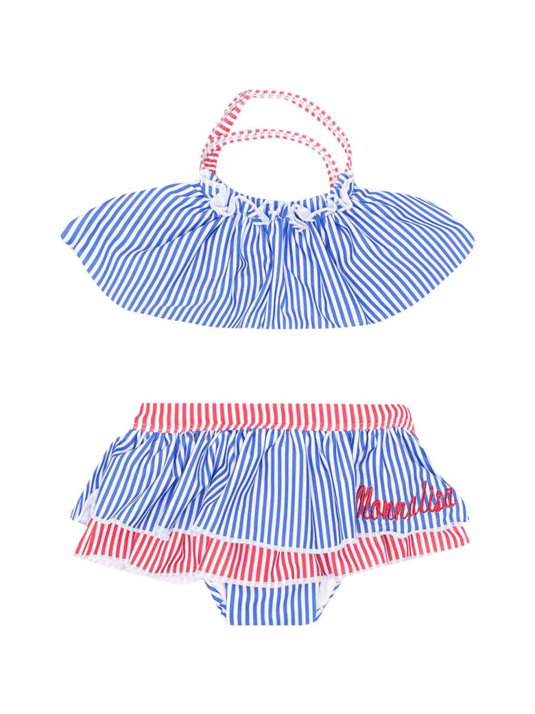 Monnalisa 2-piece Swimsuit With Red And Blue Striped Print - Bianco/rosso