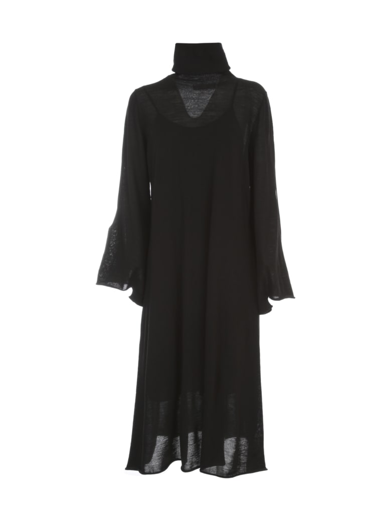Liviana Conti Wool Long Dress L/s High Neck W/slit - Nero