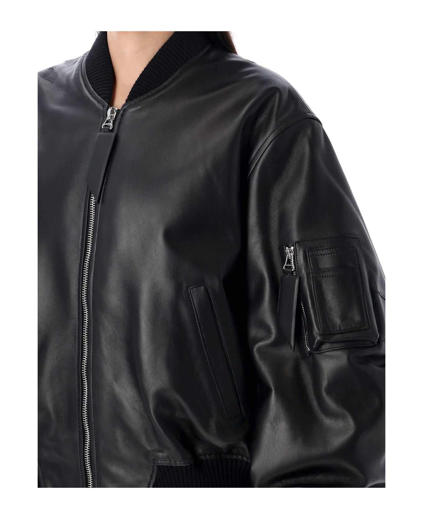 The Attico Anja Leather Bomber Jacket - BLACK