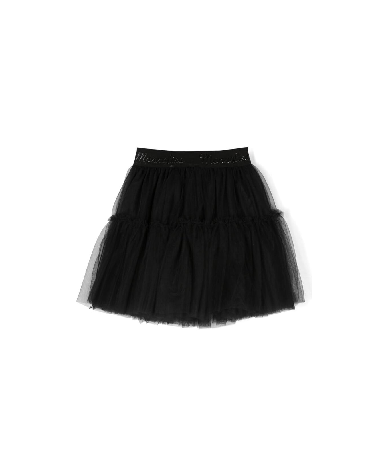 Monnalisa Black Mini-skirt With Branded Elastic Waistband In Tulle Girl - Black