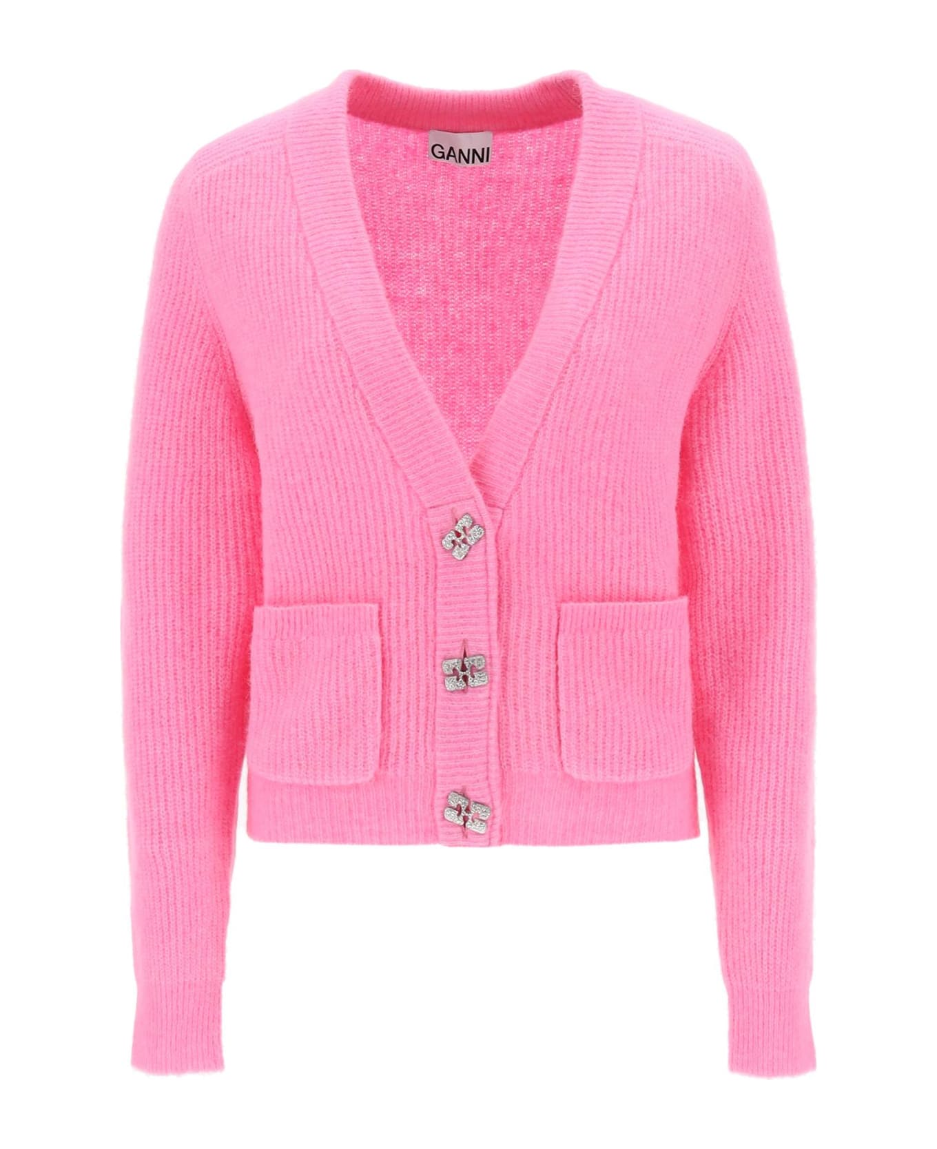 Ganni Pink Merino Wool Blend Cardigan - WILD ORCHID (Pink) ニットウェア
