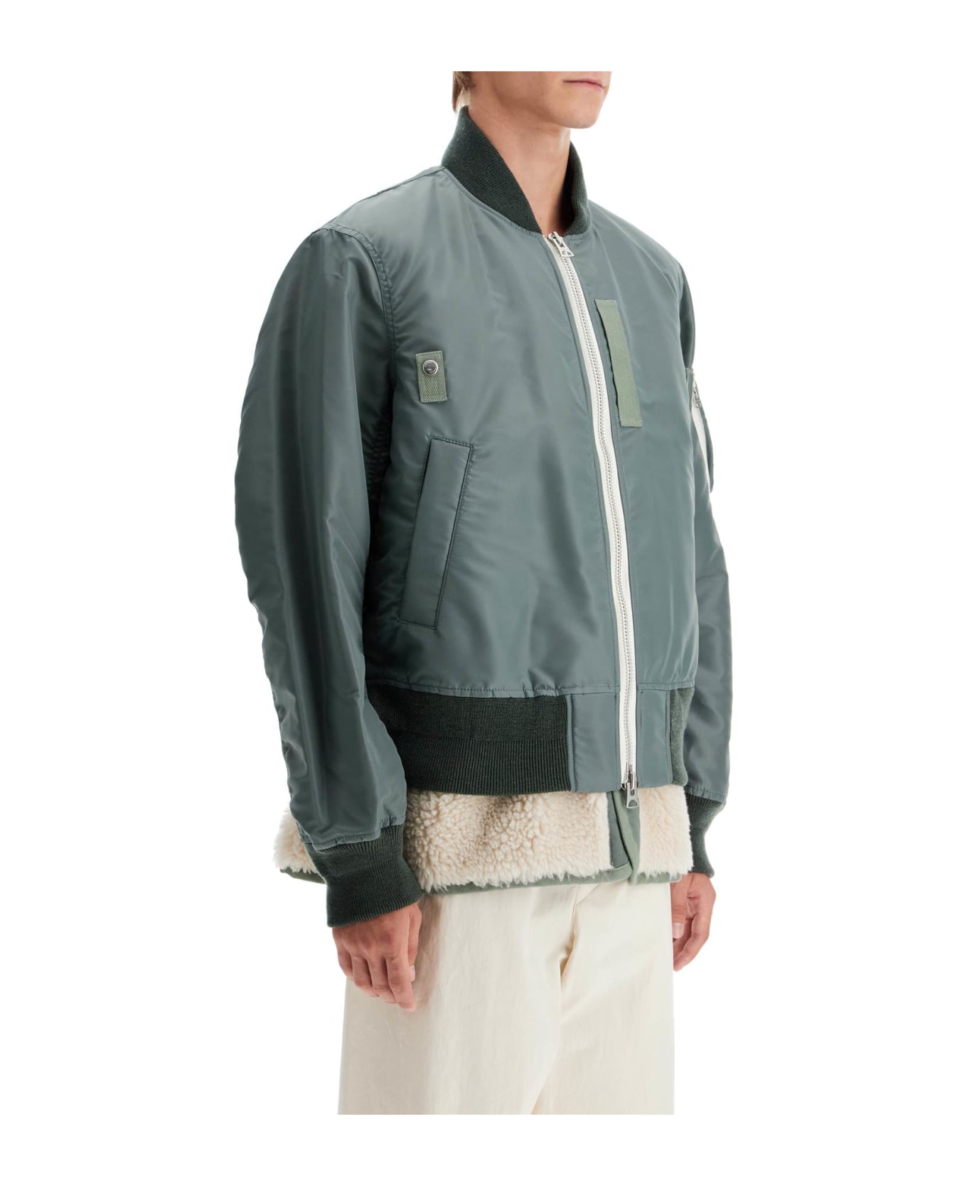Sacai Shearling Insert Nylon Bomber Jacket - B/khaki×off White