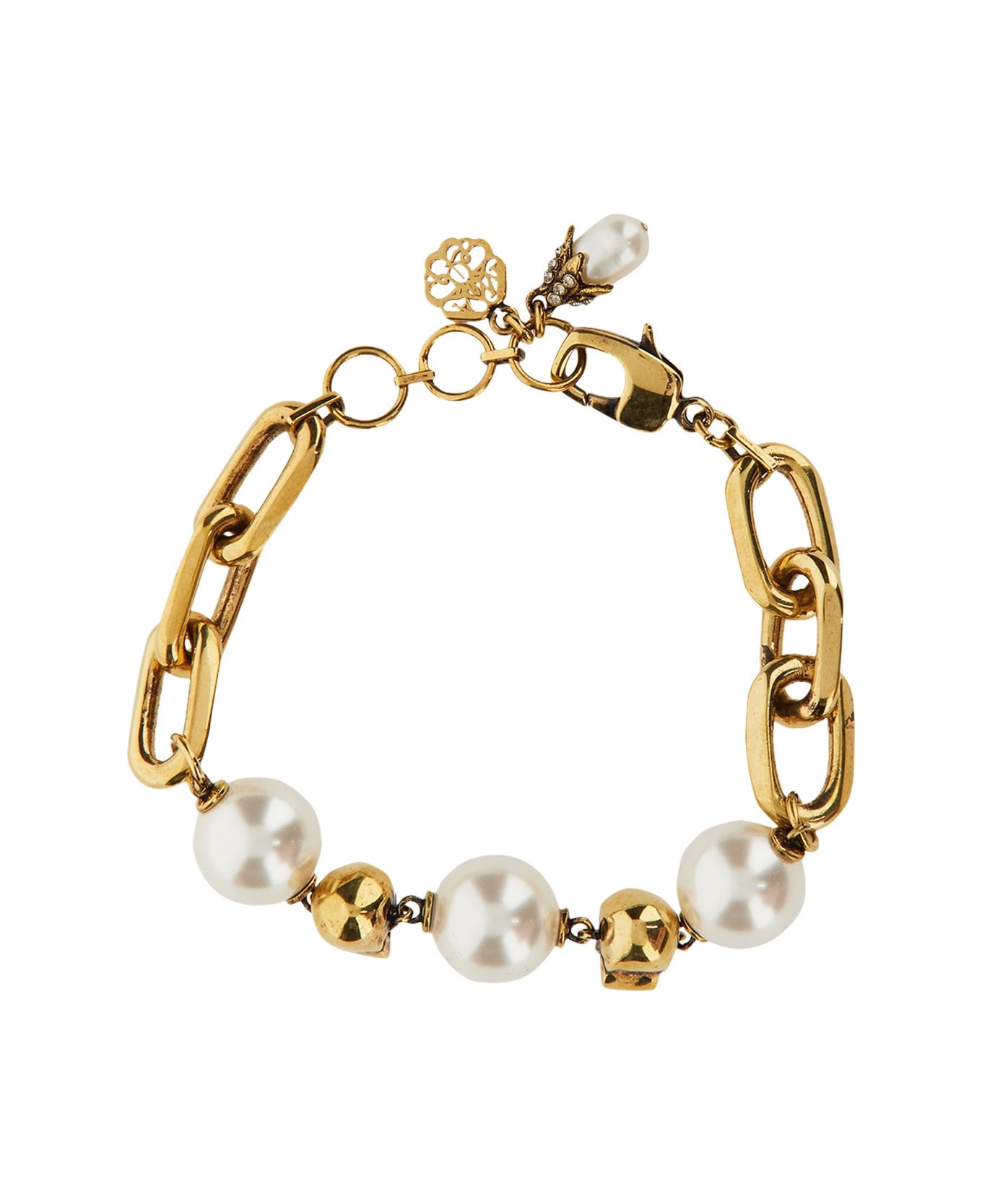 Alexander McQueen Antique Gold Chain Skull Bracelet With Pearl Effect - Oro