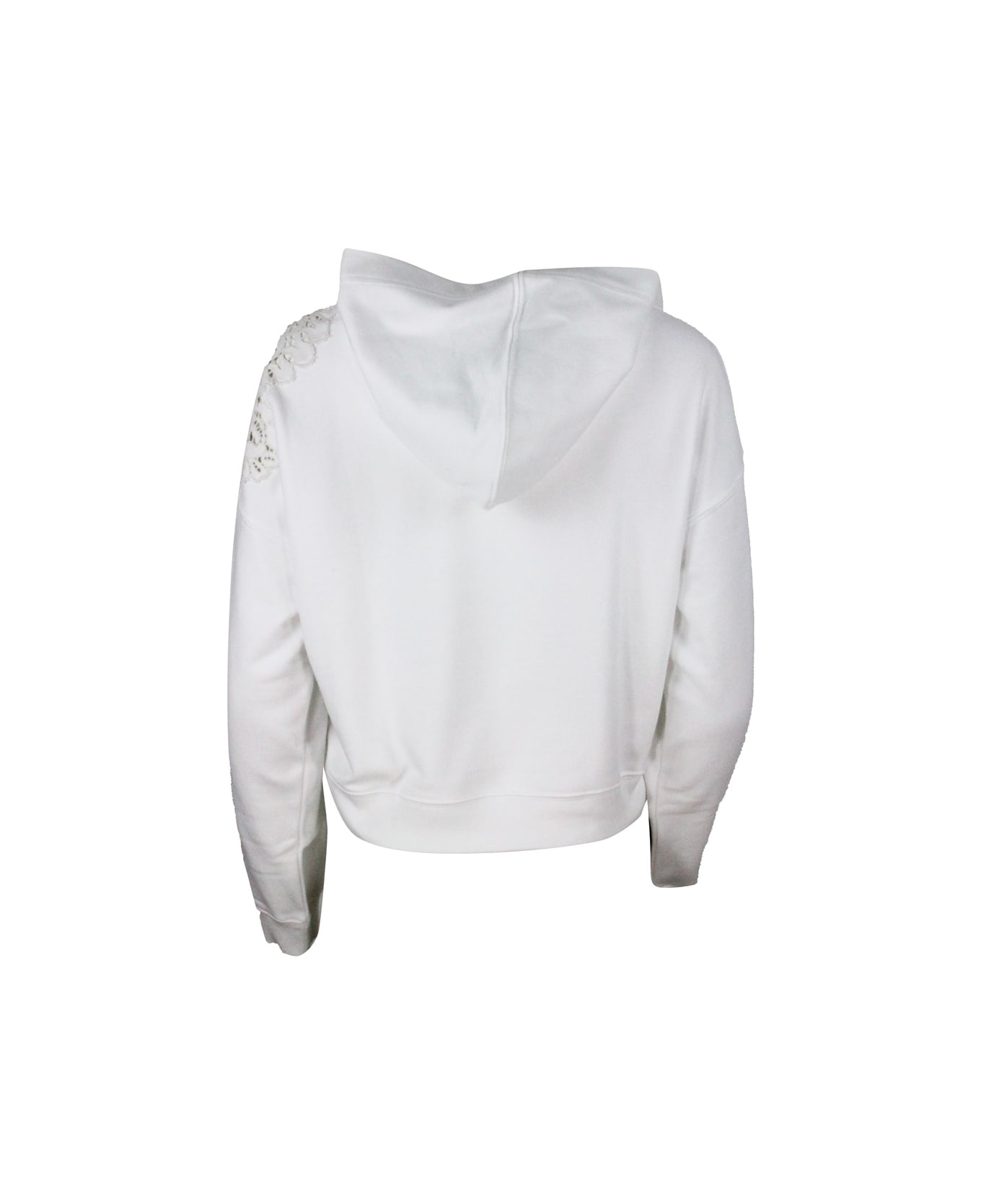 Ermanno Scervino Long-sleeved Crewneck Sweatshirt With Hood With Macrame 'inserts On The Shoulder - White